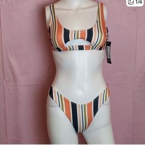 Nasty Gal Multi Stripe Cut Out Crop Bikini Set in Orange and White size 6